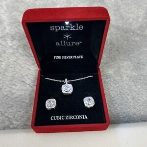 New Sparkle Allure Fine Silver Plate Cubic Zirconia Set Necklace and Earrings
